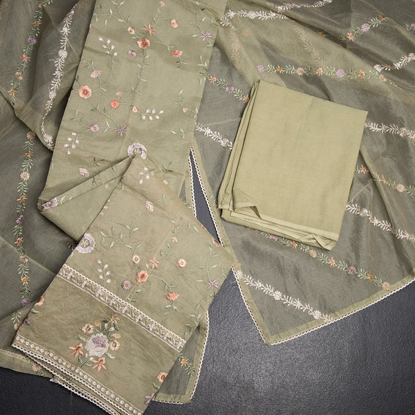 Mul Chanderi Pista Green Unstitched Salwar Material With Dupatta 04