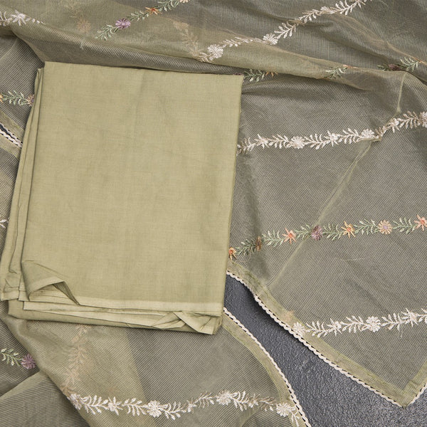 Mul Chanderi Pista Green Unstitched Salwar Material With Dupatta 04