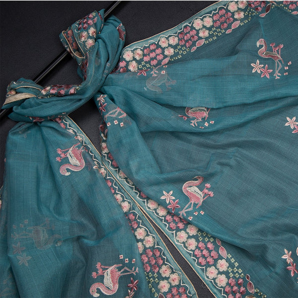 Mul Chanderi Rama Blue Unstitched Salwar Material With Dupatta