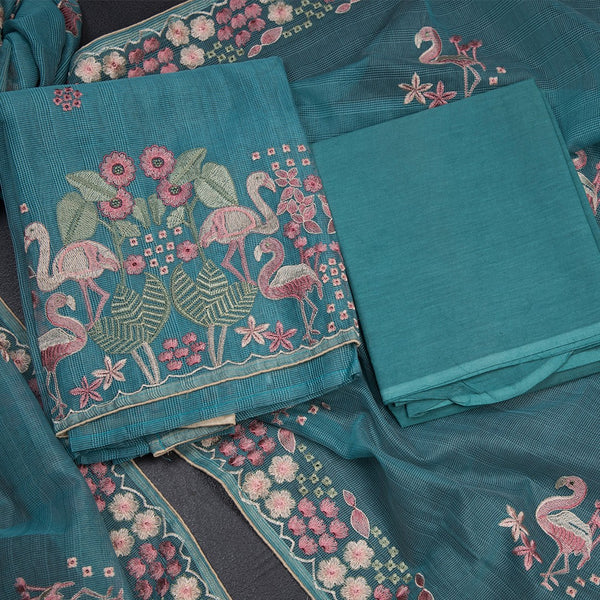 Mul Chanderi Rama Blue Unstitched Salwar Material With Dupatta