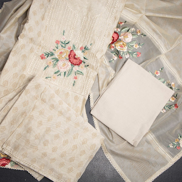 Raw Silk Cream Unstitched Salwar Material With Dupatta