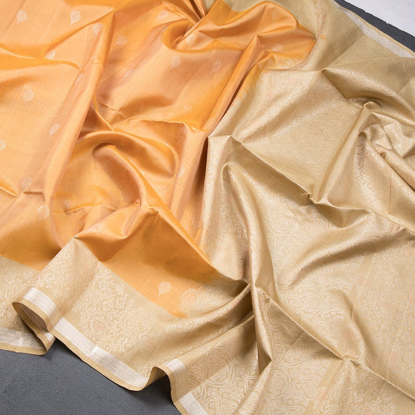 Yellow Kanchipuram Soft Silk Saree With Biscuit Shaded Brocade Border