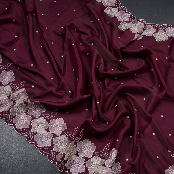 Semi Raw Silk Wine Colour Embroidered Saree With Floral Border Design
