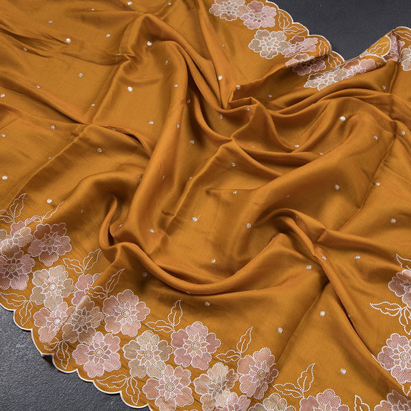 Semi Raw Silk Mango Yellow Embroidered Saree With Floral Border Design