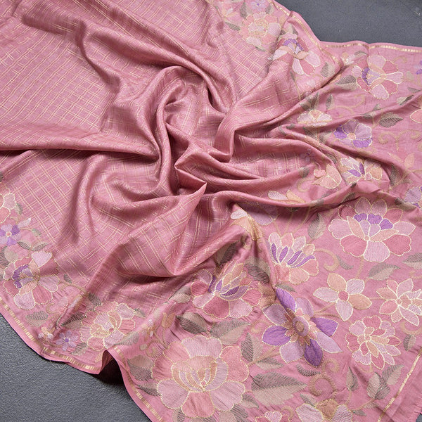 Semi Raw Silk Onion Pink Zari Checked Saree And Embroidered Border - Kumaran Silks