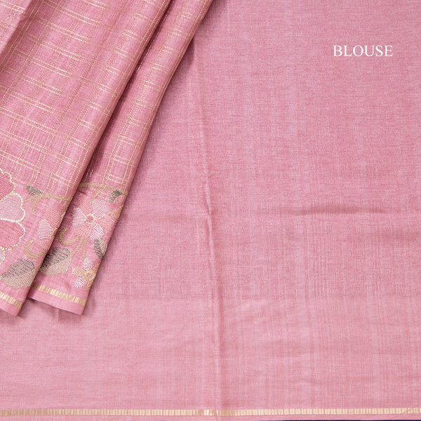 Semi Raw Silk Onion Pink Zari Checked Saree And Embroidered Border - Kumaran Silks