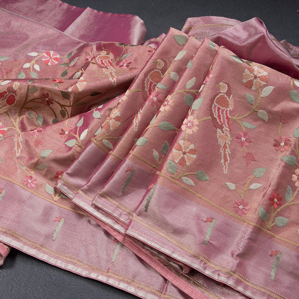 Tissue Pink Thread Embroidered Saree With Branches Design