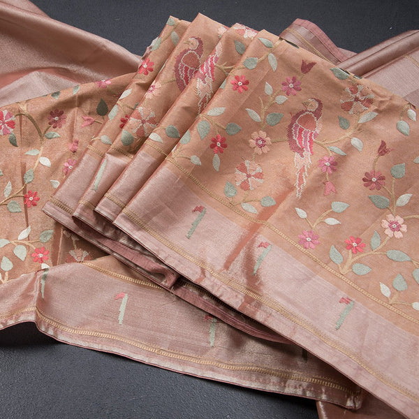 Tissue Peach Thread Embroidered Saree With Branches Design