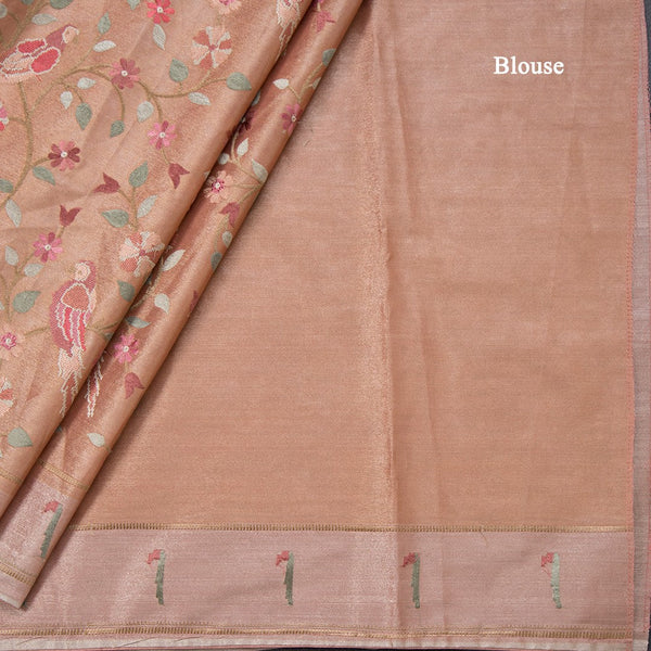 Tissue Peach Thread Embroidered Saree With Branches Design