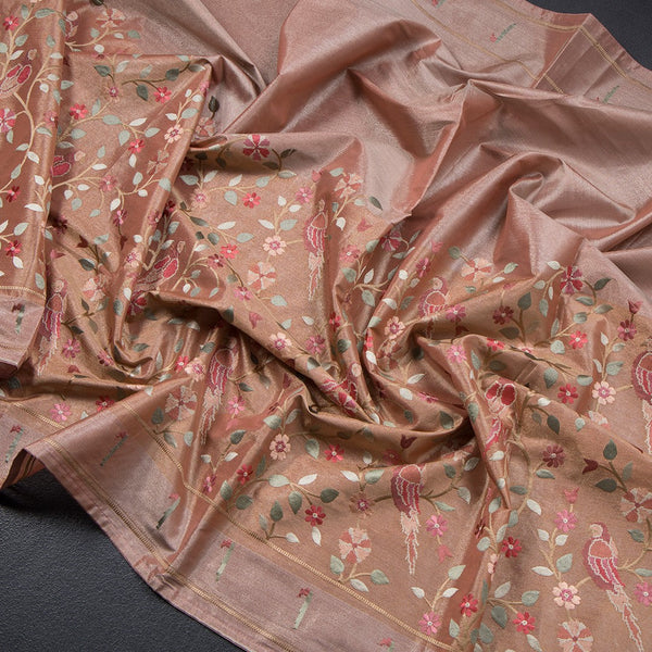 Tissue Peach Thread Embroidered Saree With Branches Design