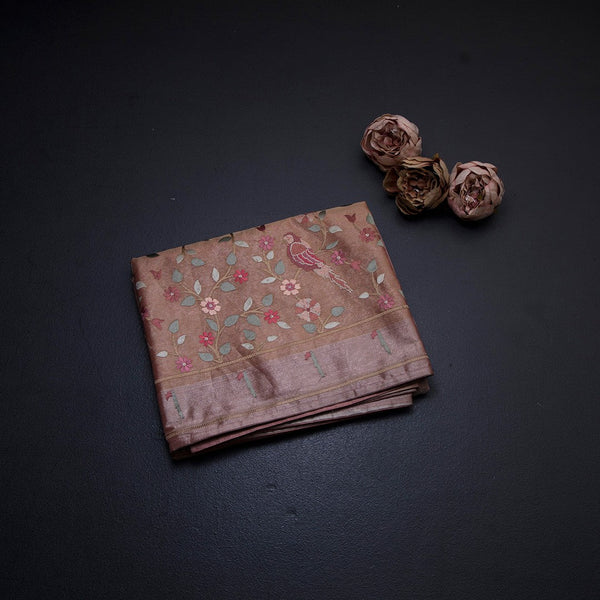 Tissue Peach Thread Embroidered Saree With Branches Design