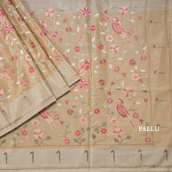 Tissue Sandal Thread Embroidered Saree With Branches Design
