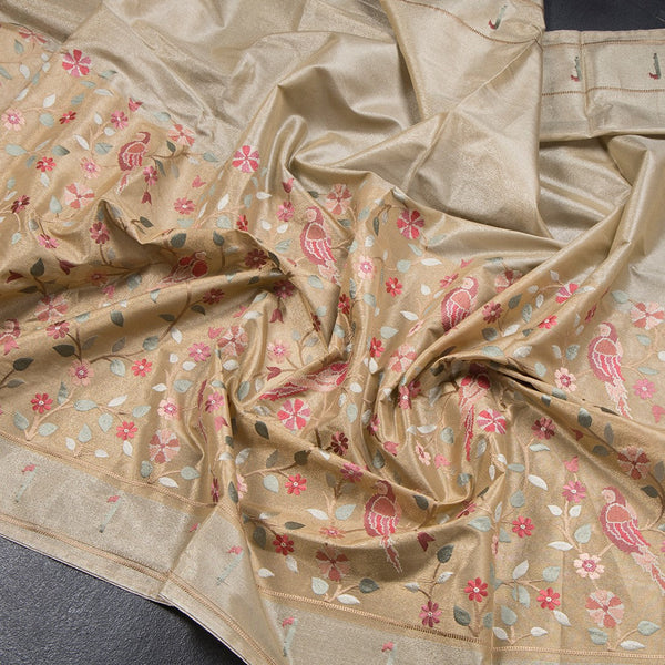 Tissue Sandal Thread Embroidered Saree With Branches Design