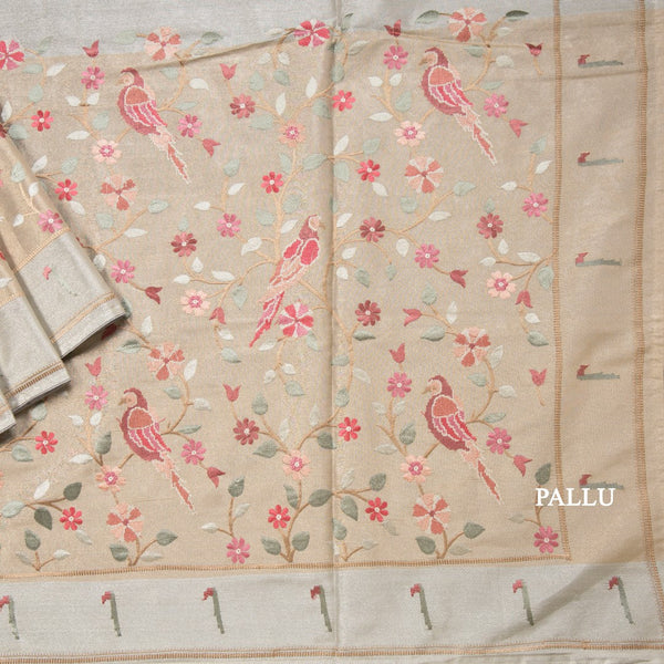 Tissue Cream Thread Embroidered Saree With Branches Design