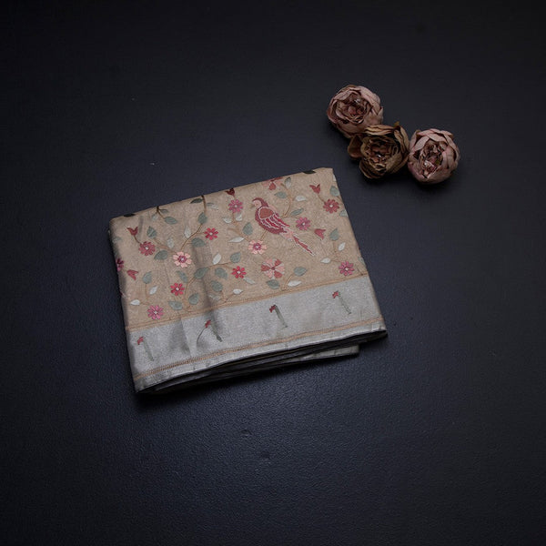 Tissue Cream Thread Embroidered Saree With Branches Design