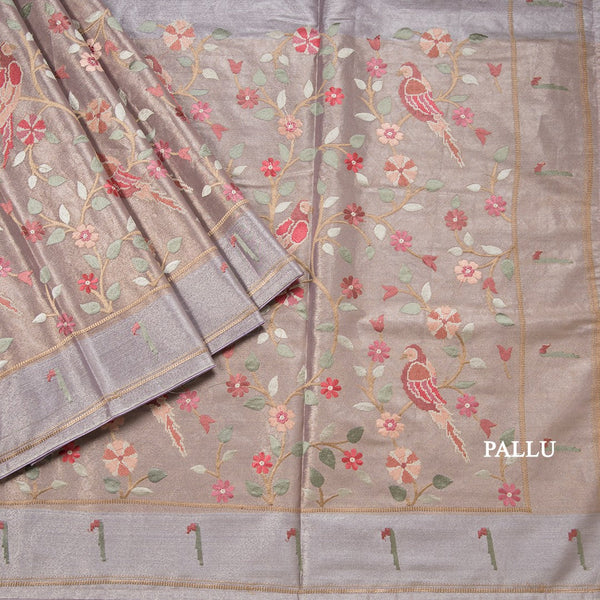 Tissue Light Lavender Thread Embroidered Saree With Branches Design