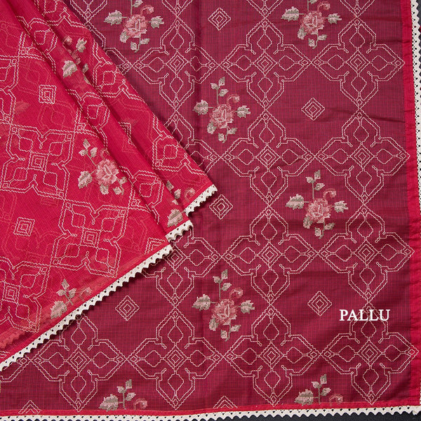 Kota Reddish Pink Thread Embroidered Saree
