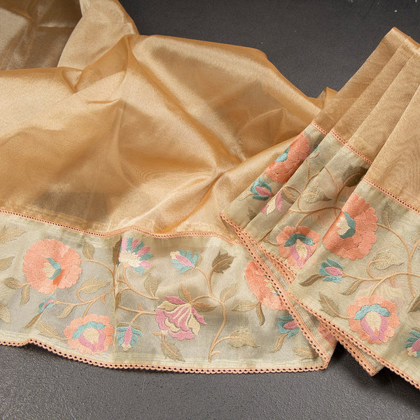 Organza Gold Saree With Applique Work