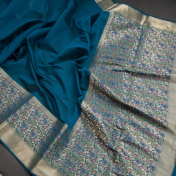 Silk Cotton Peacock Blue Plain Saree With Paithani Border