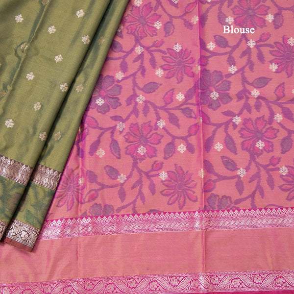 Semi Kataan Olive Green Saree With Zari Buttas