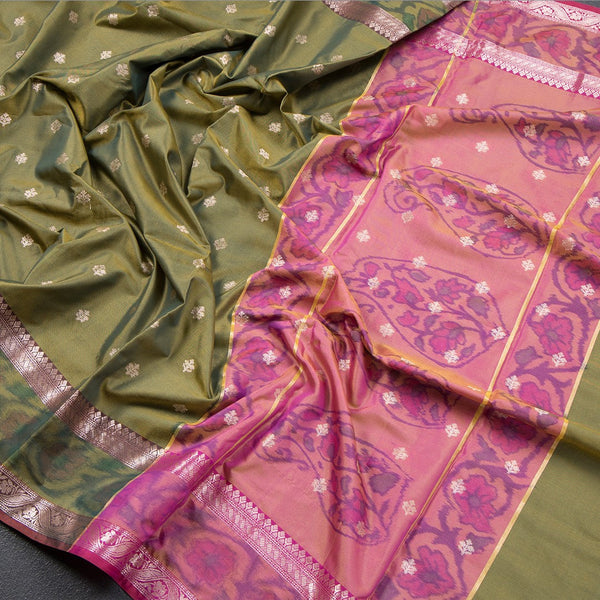 Semi Kataan Olive Green Saree With Zari Buttas