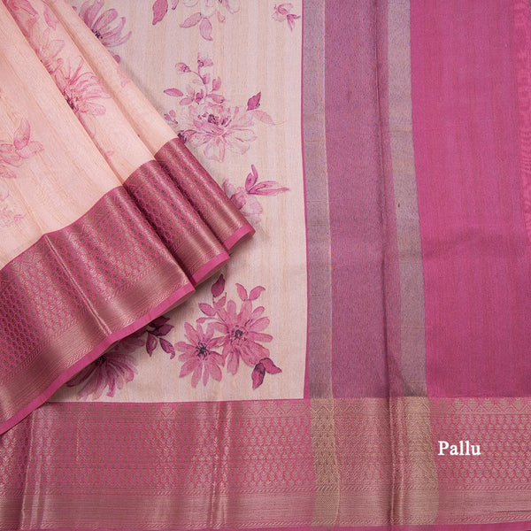 Semi Tussar Light Peach Floral Printed Saree