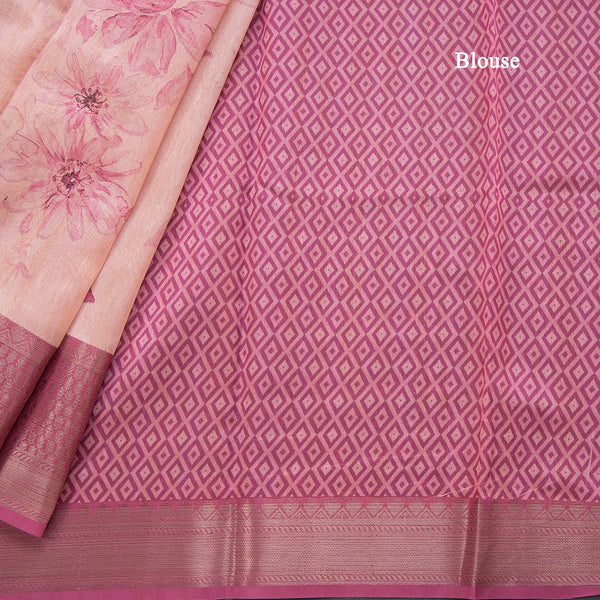 Semi Tussar Light Peach Floral Printed Saree