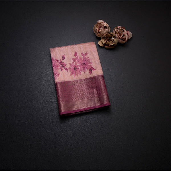 Semi Tussar Light Peach Floral Printed Saree