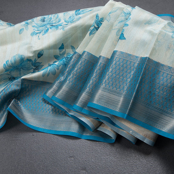 Semi Tussar Very Light Blue Floral Printed Saree