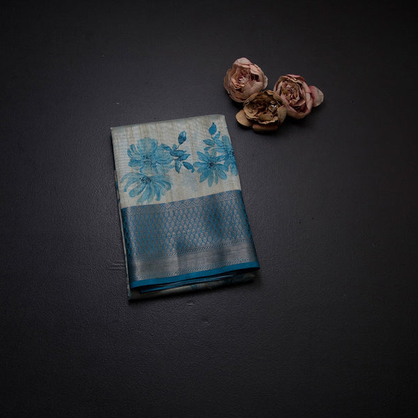 Semi Tussar Very Light Blue Floral Printed Saree