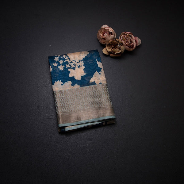 Semi Tussar Peacock Blue Floral Printed Saree