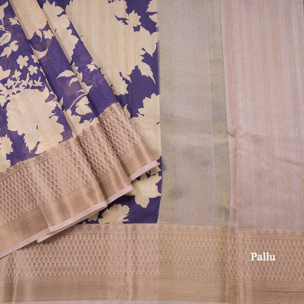 Semi Tussar Dark Purple Floral Printed Saree