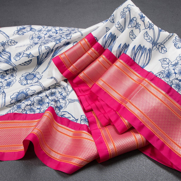 Semi Kataan White Floral Printed Saree With Paithani Border