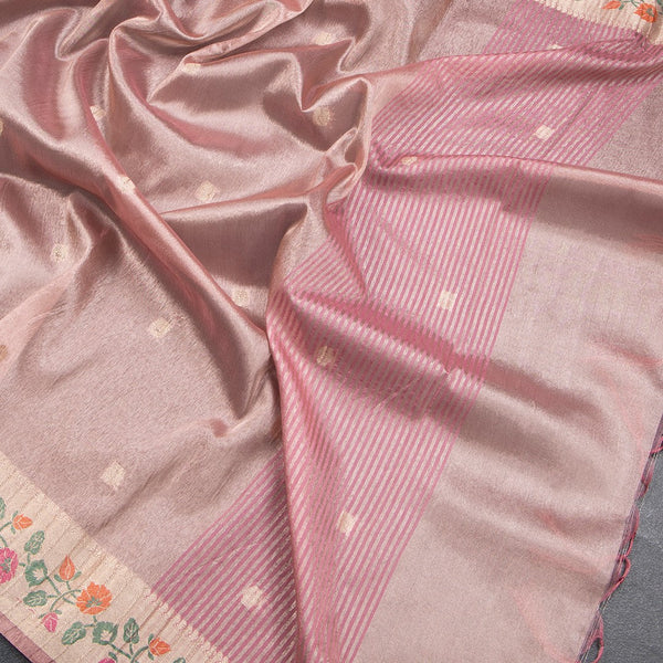 Tissue Onion Pink Saree With Zari Buttas