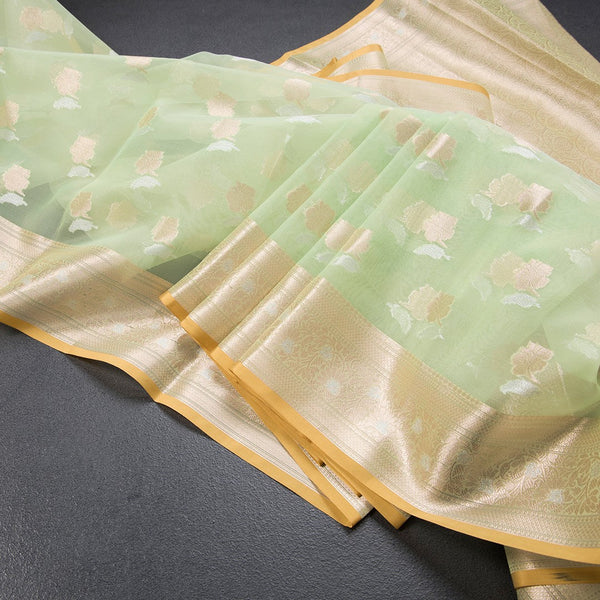 Organza Pista Green Floral Zari Worked Saree 02
