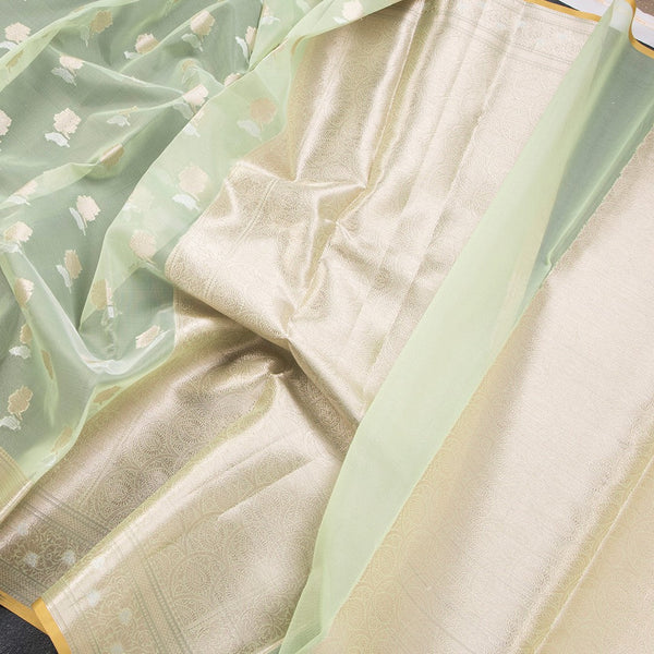 Organza Pista Green Floral Zari Worked Saree 02