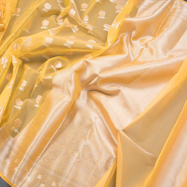 Organza Mango Yellow Floral Zari Worked Saree