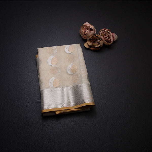 Organza Cream Floral Zari Worked Saree
