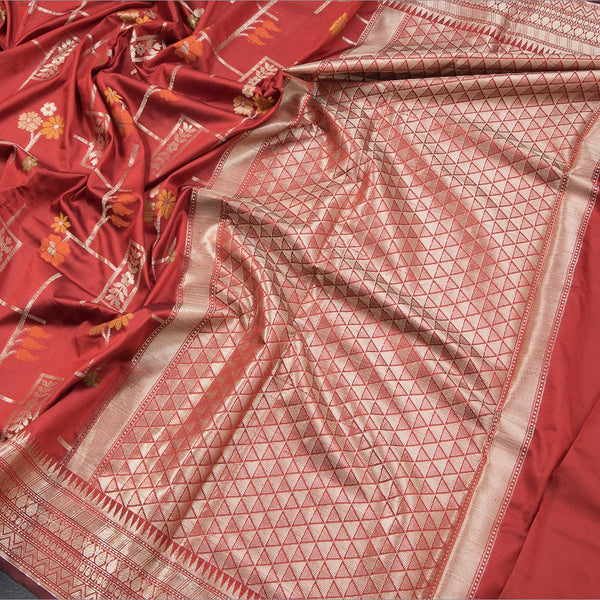 Semi Kataan Maroon Zari Worked Saree