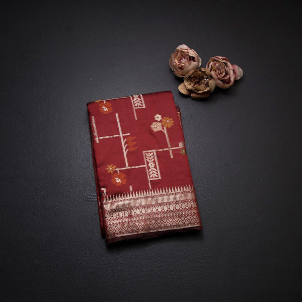Semi Kataan Maroon Zari Worked Saree