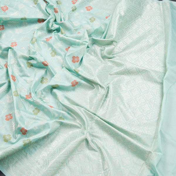 Semi Kataan Turquoise Zari Worked Saree