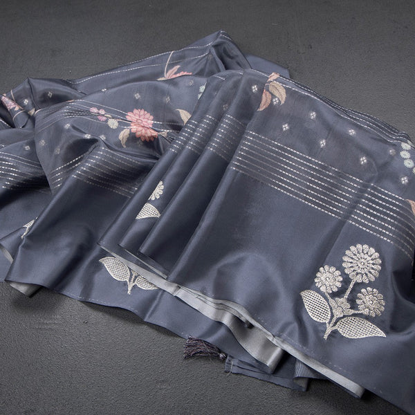 Satin Silk Grey Floral Printed With Thread Work Saree