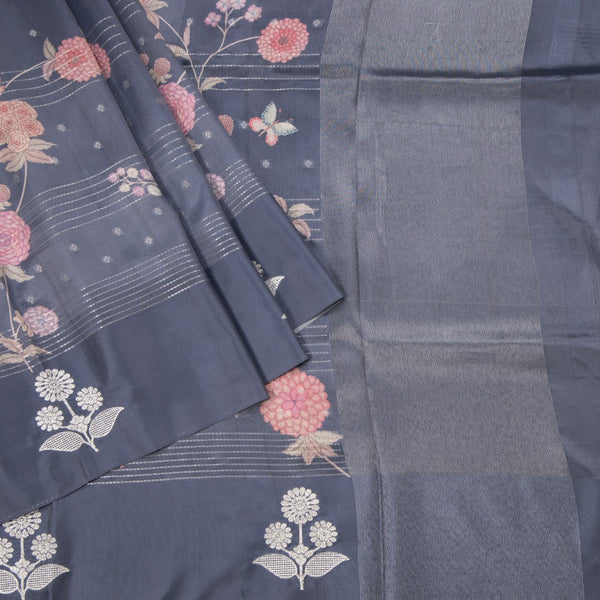Satin Silk Grey Floral Printed With Thread Work Saree