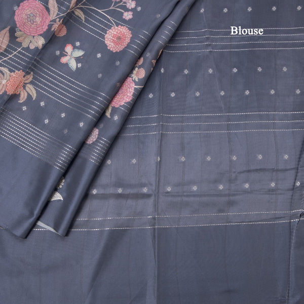 Satin Silk Grey Floral Printed With Thread Work Saree