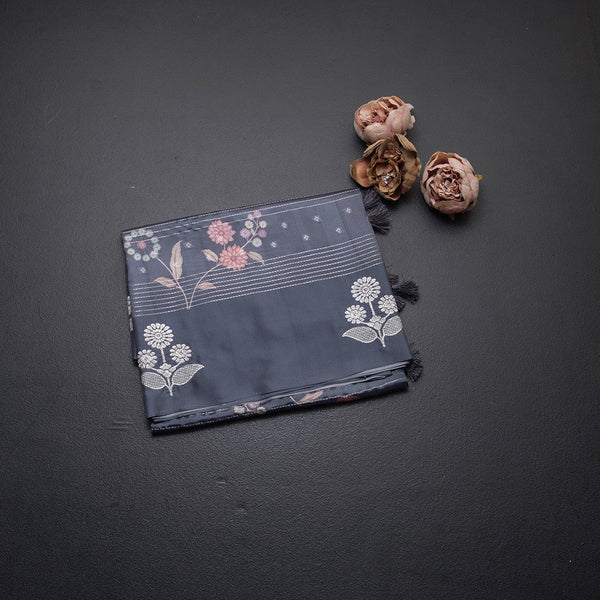 Satin Silk Grey Floral Printed With Thread Work Saree