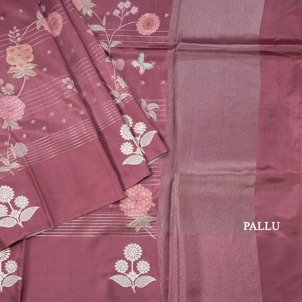 Satin Silk Onion Pink Floral Printed With Thread Work Saree