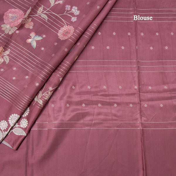 Satin Silk Onion Pink Floral Printed With Thread Work Saree