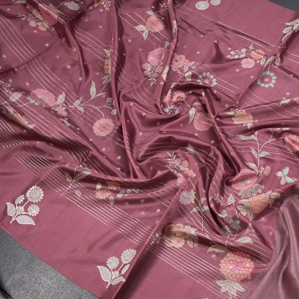 Satin Silk Onion Pink Floral Printed With Thread Work Saree