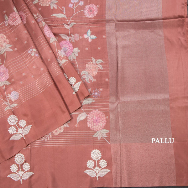 Satin Silk Burnt Umber Brown Floral Printed With Thread Work Saree