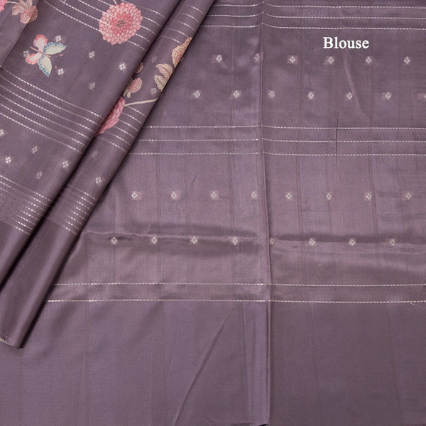 Satin Silk Wine Colour Floral Printed With Thread Work Saree